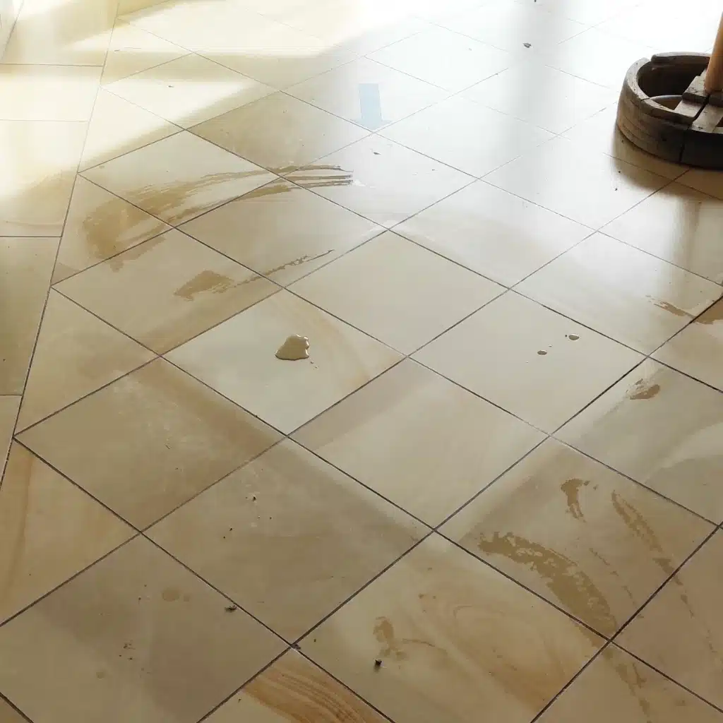 Musterfläche eines gereinigten Solnhofener Fliesenbodens